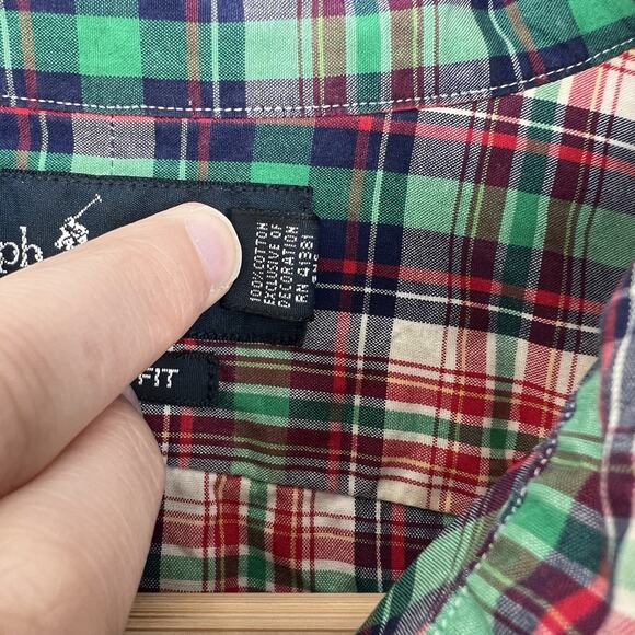 Ralph Lauren Men’s 16.5 34/35 Button Front Shirt Plaid Long Sleeve Green Red - Picture 4 of 9